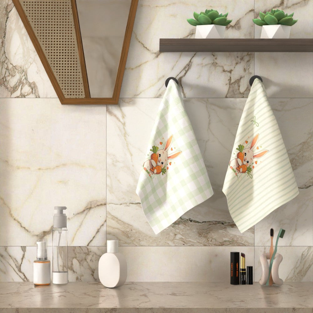 Two pieces of high-quality tea towels featuring a rabbit and carrot design, measuring 45.72x66.04cm. Made of soft, quick-dry polyester, these towels are highly absorbent and machine washable. The modern design boasts vibrant colors, making them ideal for