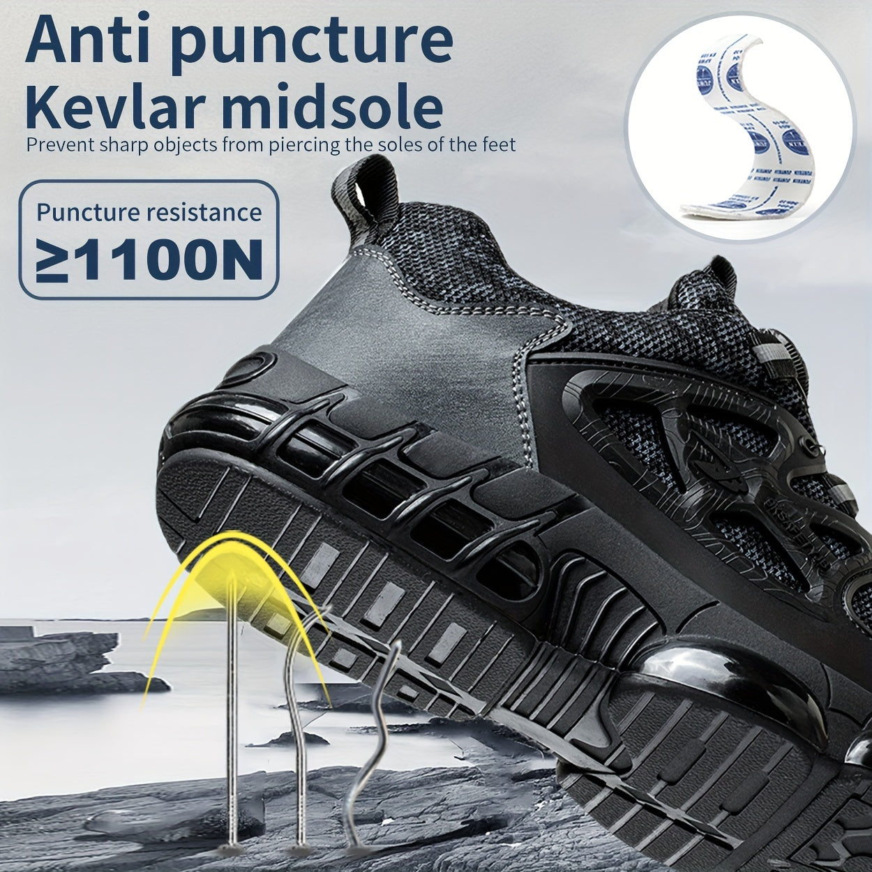 Men's steel toe work boots with puncture-proof fabric, non-slip sole, and elastic band for outdoor activities.