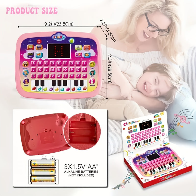 Interactive Tablet Learning Pad with LED Screen, designed to teach Alphabet, Numbers, Words, Music, and Math. This electronic toy promotes development and learning in a fun way. Perfect as a Halloween or Christmas gift. (Batteries not included)