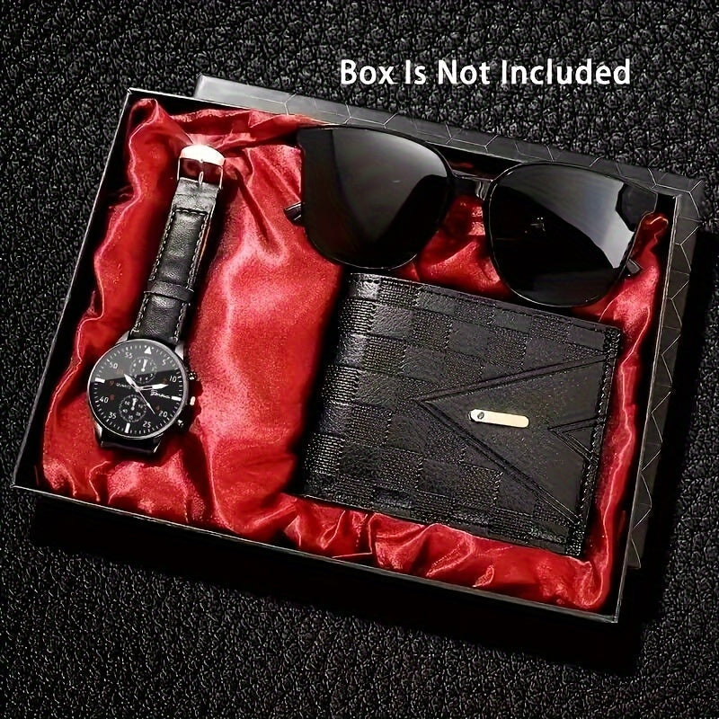 Set of 3 pieces including a men's quartz watch, wallet, and glasses