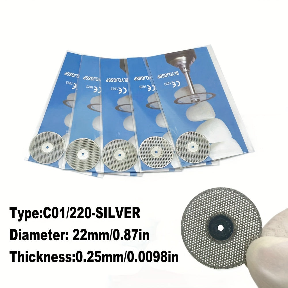 Five dual-sided diamond cutting discs for dental labs, in silver or golden, for high precision grinding and polishing.