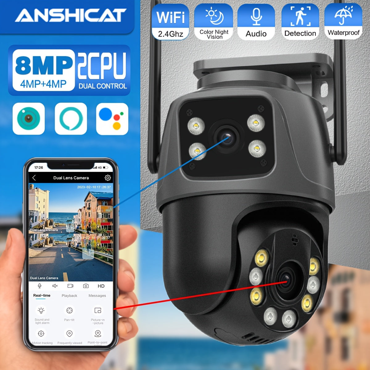 ANSCHIAT Outdoor Security Camera with 2 dual 4MP lenses, WiFi connectivity, motion detection, 360° rotation, two-way communication, full color night vision, and storage compatibility. EU