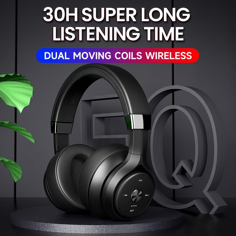 Wireless headphones with EQ Music Modes, microphone, and 30-hour playtime. HiFi stereo, foldable, lightweight design with deep bass for phone and PC use.