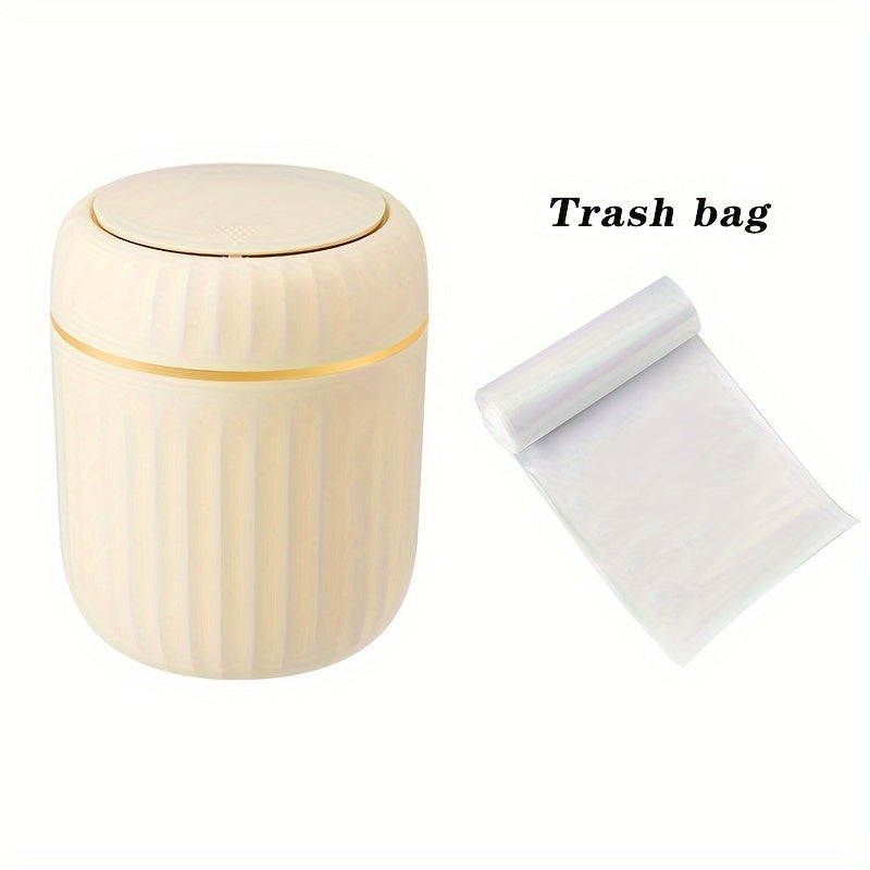 Press-top desktop trash can with durable PP plastic, Roman stripe design and lid for office, living room, and study area. Creative recycling bin.