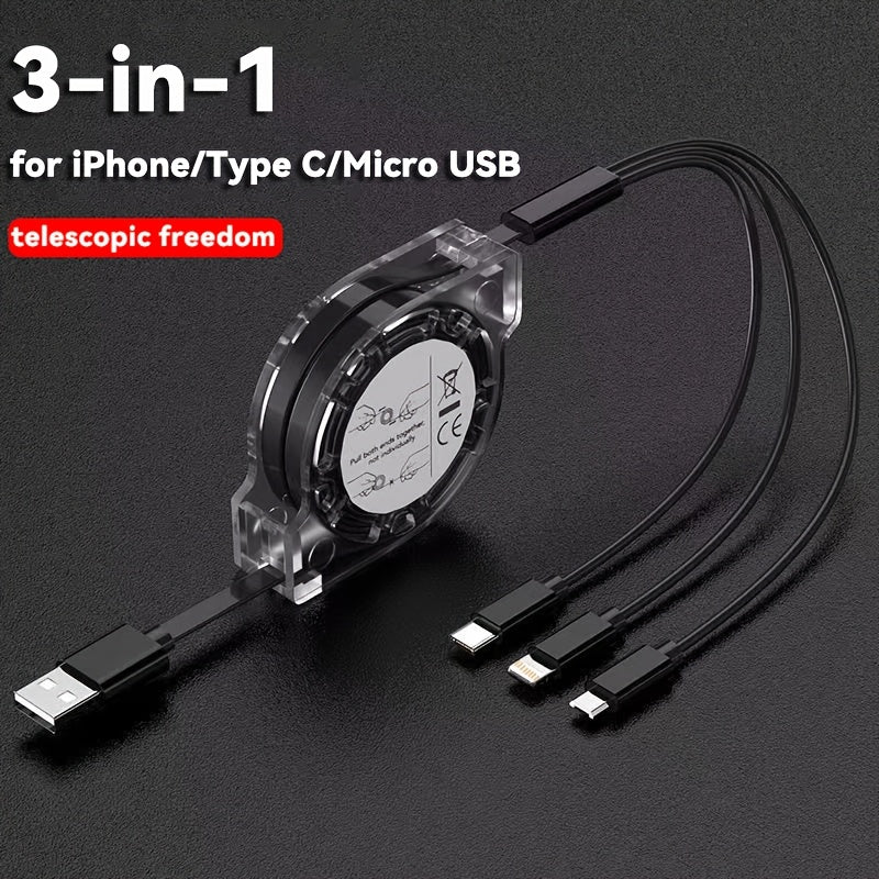 Multi-functional USB charging cable compatible with various devices such as iPhones, Samsung Galaxy, Honor, Realme, and Xiaomi.