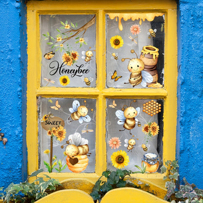 A collection of 3 pieces of 20x30cm Spring-themed decorations featuring bees, honey jars, butterflies, sunflowers, and electrostatic window stickers.