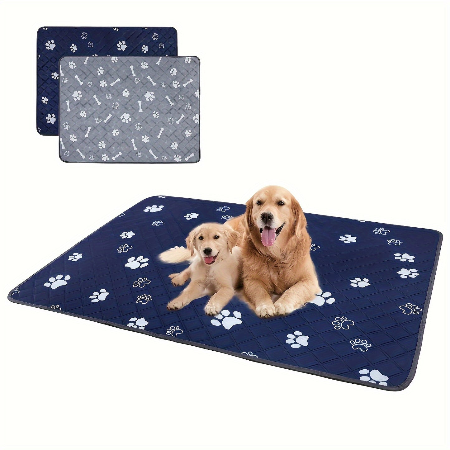 2 navy blue & gray paw washable dog pee pads - reusable, highly absorbent & odor-controlling pet training mats, non-slip for home & travel use. Fits all dog sizes.