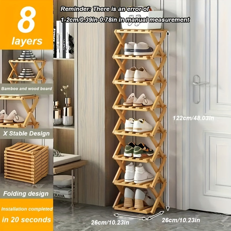 This foldable shoe rack, constructed from bamboo and requiring no installation, offers a customizable design with 5 to 9 layers to choose from. Available in two colors, this space-saving option is perfect for the limited area near the family's entrance.