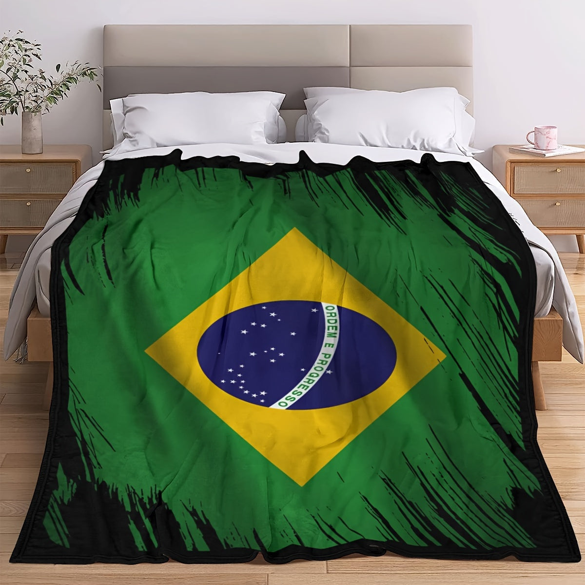 Ultra-soft Brazilian Flag digital print blanket by ZR - featuring a cozy flannel throw in patriotic green, yellow, and black design with the national emblem. Perfect for home and travel, providing all-season comfort.