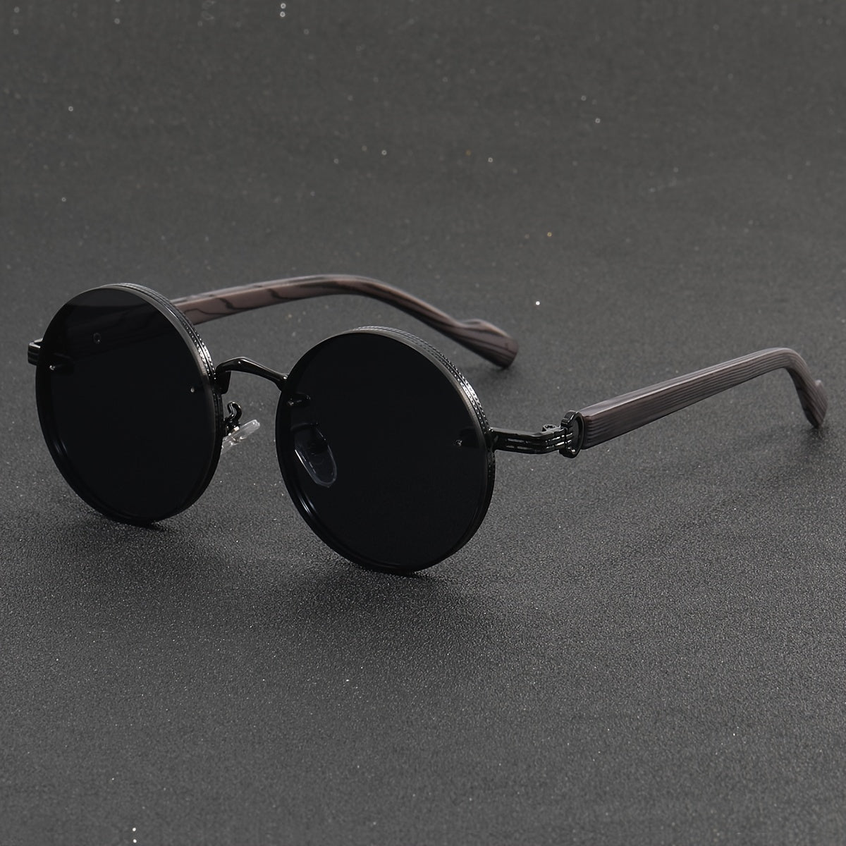 Small round frame retro glasses with wooden legs, all black - perfect for traveling.