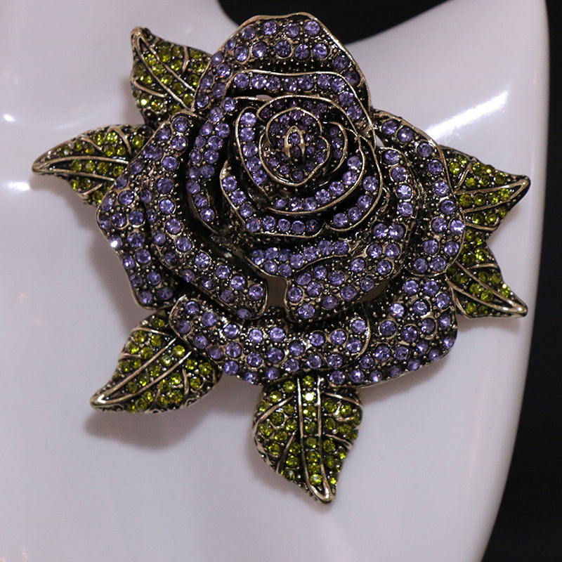 Stylish Baroque Rose Flower Brooch Pin featuring Green Leaves, Sparkling Rhinestones, a Versatile and Elegant Accessory for Women