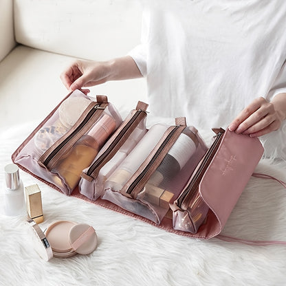 Large capacity cosmetic bag that is multifunctional and fashionable, with waterproof and washable features, including a mesh bag.