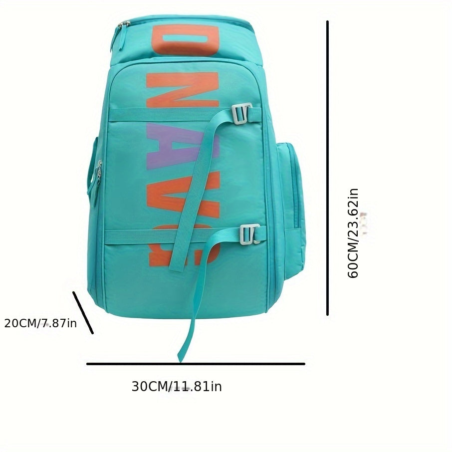 Skateboard, ski, fitness, and travel bag with separate wet and dry compartments and large storage capacity.