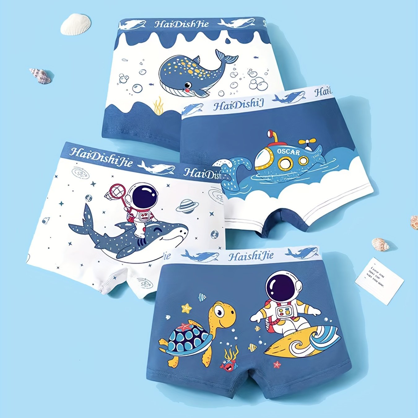 4pc Boys Boxer Briefs, Toddler Underwear with Astronaut and Turtles Print, Spaceman and Sharks, 95% Cotton.