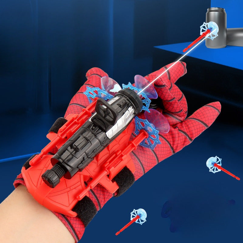 Spider Launcher toy for ages 3 and up, featuring a mixed color plastic spider glove with suction darts and web-shooting action.