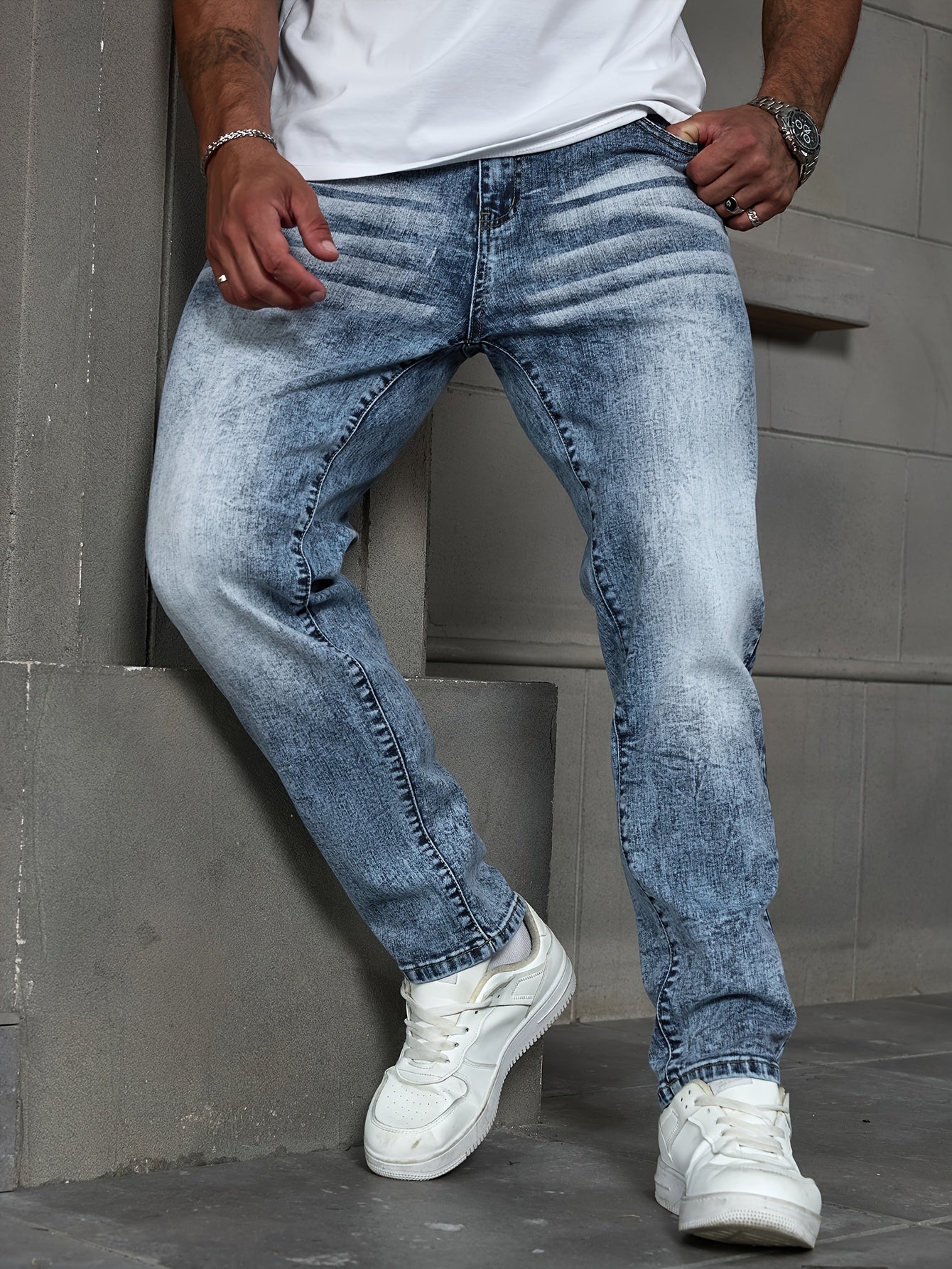 Men's plus size stretch denim jeans with snowflake detail. Casual, high-stretch, machine washable, solid color.