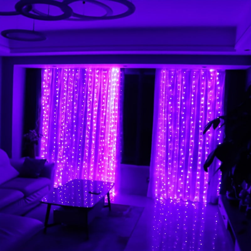 Multifunctional LED curtain lights with remote control, 8 modes for various occasions - USB powered. Available in warm white, white, and purple.