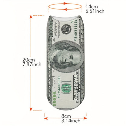 Мужские novelty носки с различными дизайнами валют, включая доллар США, евро, японскую иену и британский фунт.