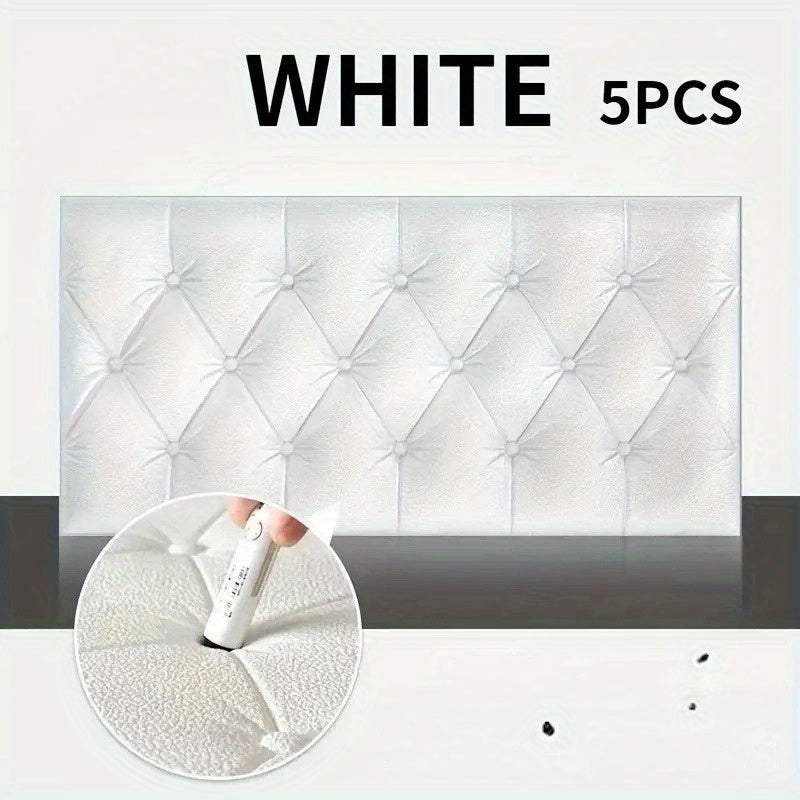 5 pieces of modern 3D self-adhesive soft wall panels in white, ideal for bedroom or living room.