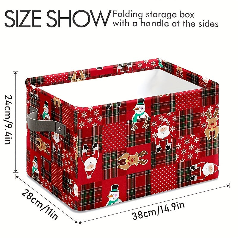 Get ready for the holidays with this Christmas-themed fabric storage basket featuring a charming Santa and reindeer design. This folding holiday organizer bin is perfect for use in the home, bedroom, or office, and comes with convenient handles for easy