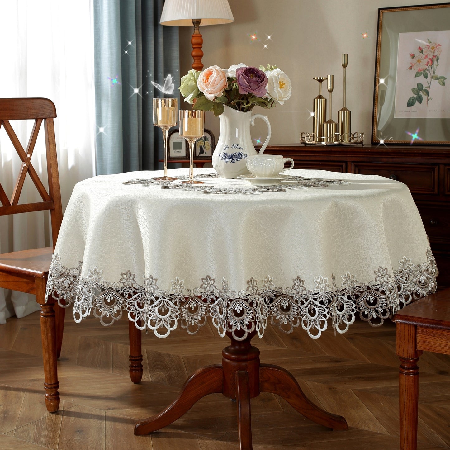 Polyester round tablecloth with lace border, ideal for various occasions in multiple sizes.