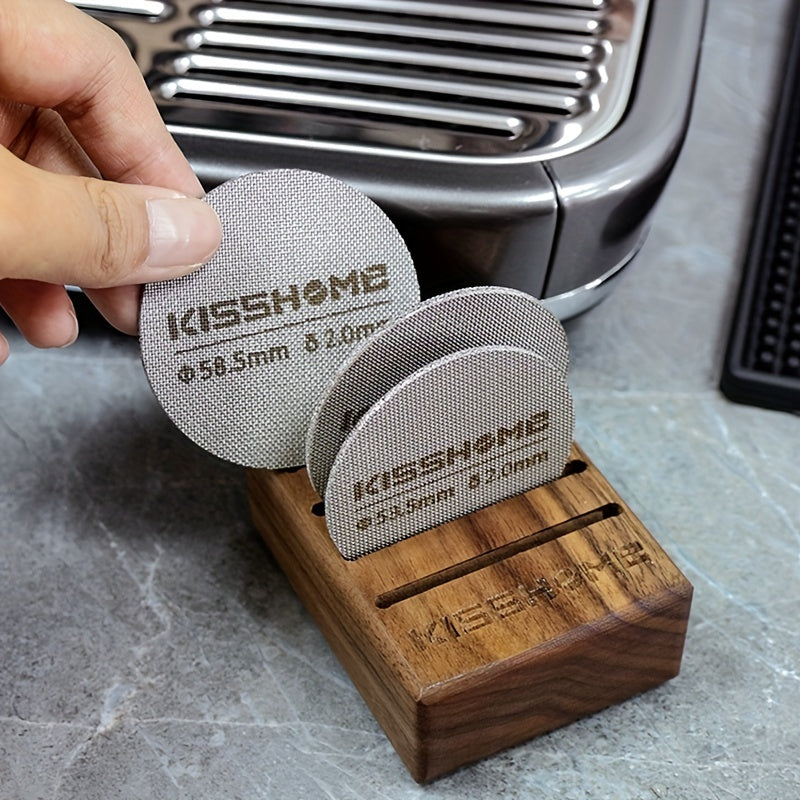 Reusable espresso puck screen made of 316 stainless steel, heat resistant, available in diameters of 51mm, 53.5mm, and 58.5mm. Compatible with Breville machines and 51mm, 54mm, and 58mm portafilters. Includes coffee accessories.