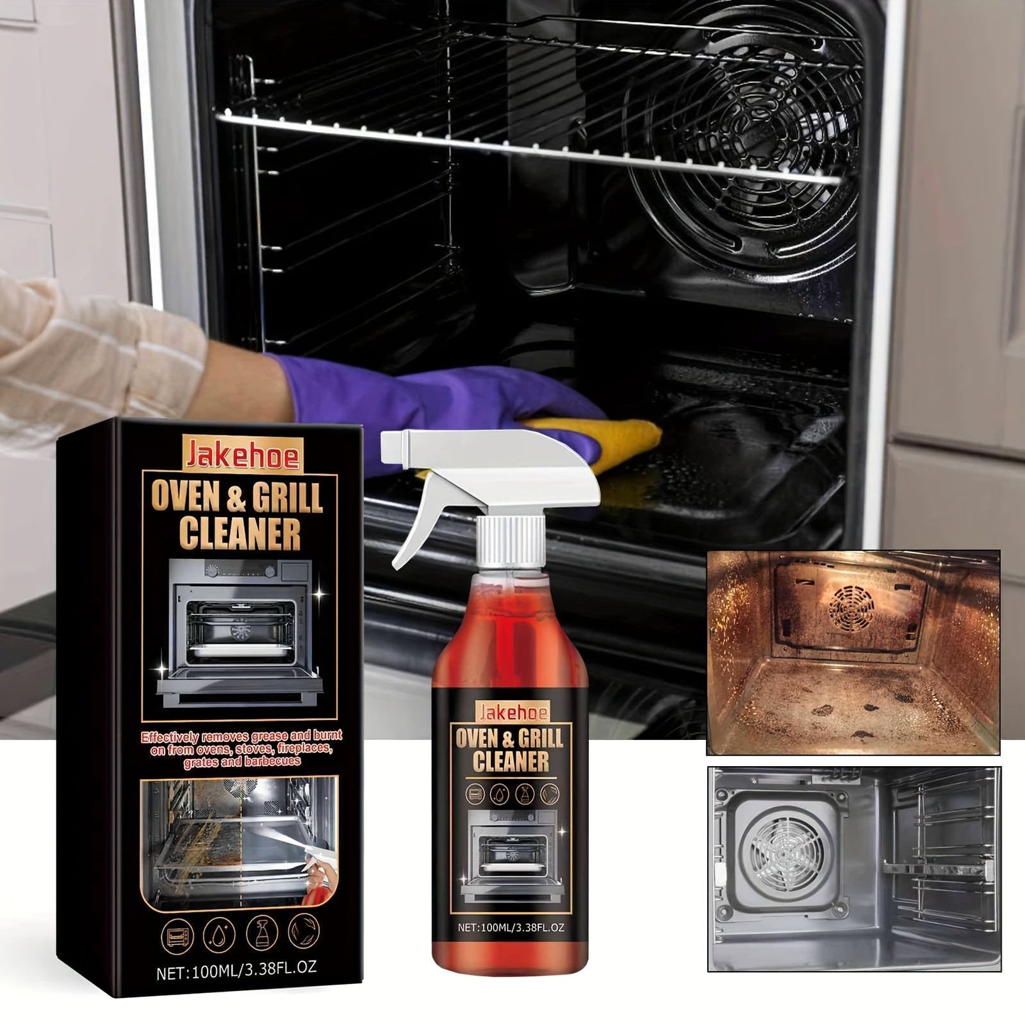 Jakehoe Oven & Grill Cleaner is a powerful citral-based liquid degreaser specifically designed for tackling kitchen stains. This residue-free formula is safe to use on linoleum surfaces and comes in a convenient 3.38 fl oz size.