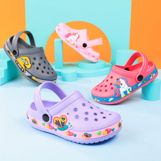 Toddler girls' cartoon print platform clogs with closed toe, anti-skid soles, and hollow out design – perfect for outdoor play.