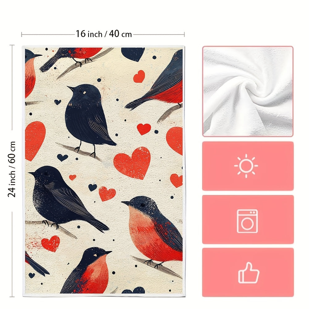 Two ultra-soft kitchen towels decorated with birds symbolizing Valentine's Day. These highly absorbent dish towels are perfect for holiday decor, machine washable, and measure 40.64x60.96 cm.