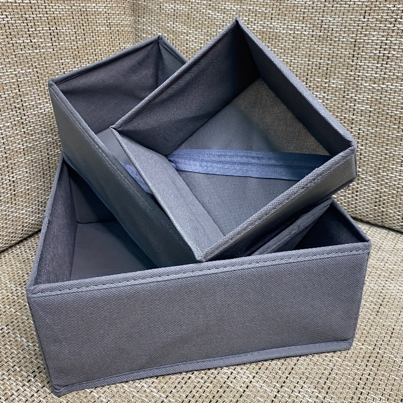 Set of 3 or 6 Classic Style Folding Storage Organizers. These rectangular multi-purpose closet organizer bins are ideal for storing clothes and accessories. They are non-waterproof drawer boxes that do not have lids, perfect for under-bed storage.