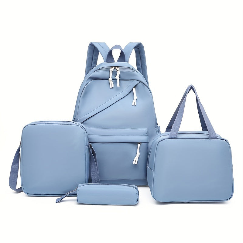 Set of 4 backpacks, cross body bag, handbag, and pen bag in classic solid colors. Suitable for both women and men for casual travel with large capacity. Ideal for schoolgirls and students