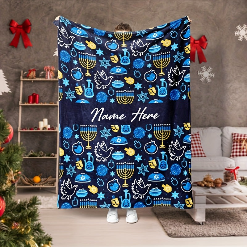 Get into the holiday spirit with our personalized Happy Hanukkah flannel throw blanket! This cozy and soft blanket is perfect for cuddling up on the couch, bed, or even taking with you on-the-go. The machine-washable design makes it easy to clean and