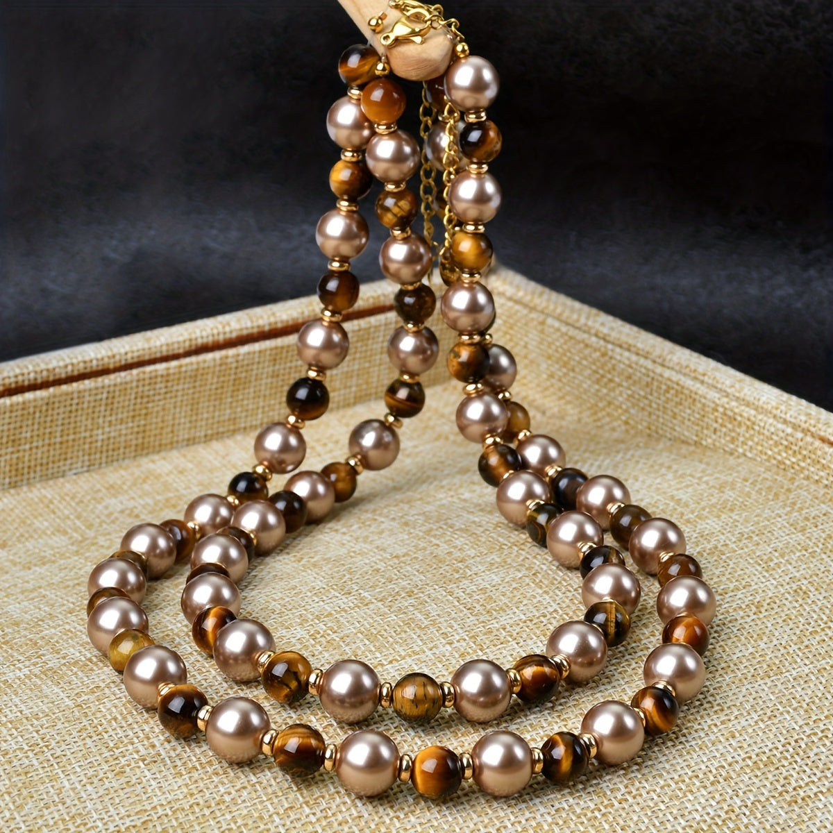 Maillard Tone Women's Autumn & Winter Necklace featuring Natural Tiger Eye Stone and Imitation Pearl Beads. Handmade Jewelry Gift perfect for the season. From Maillard Tone's Autumn & Winter Collection.