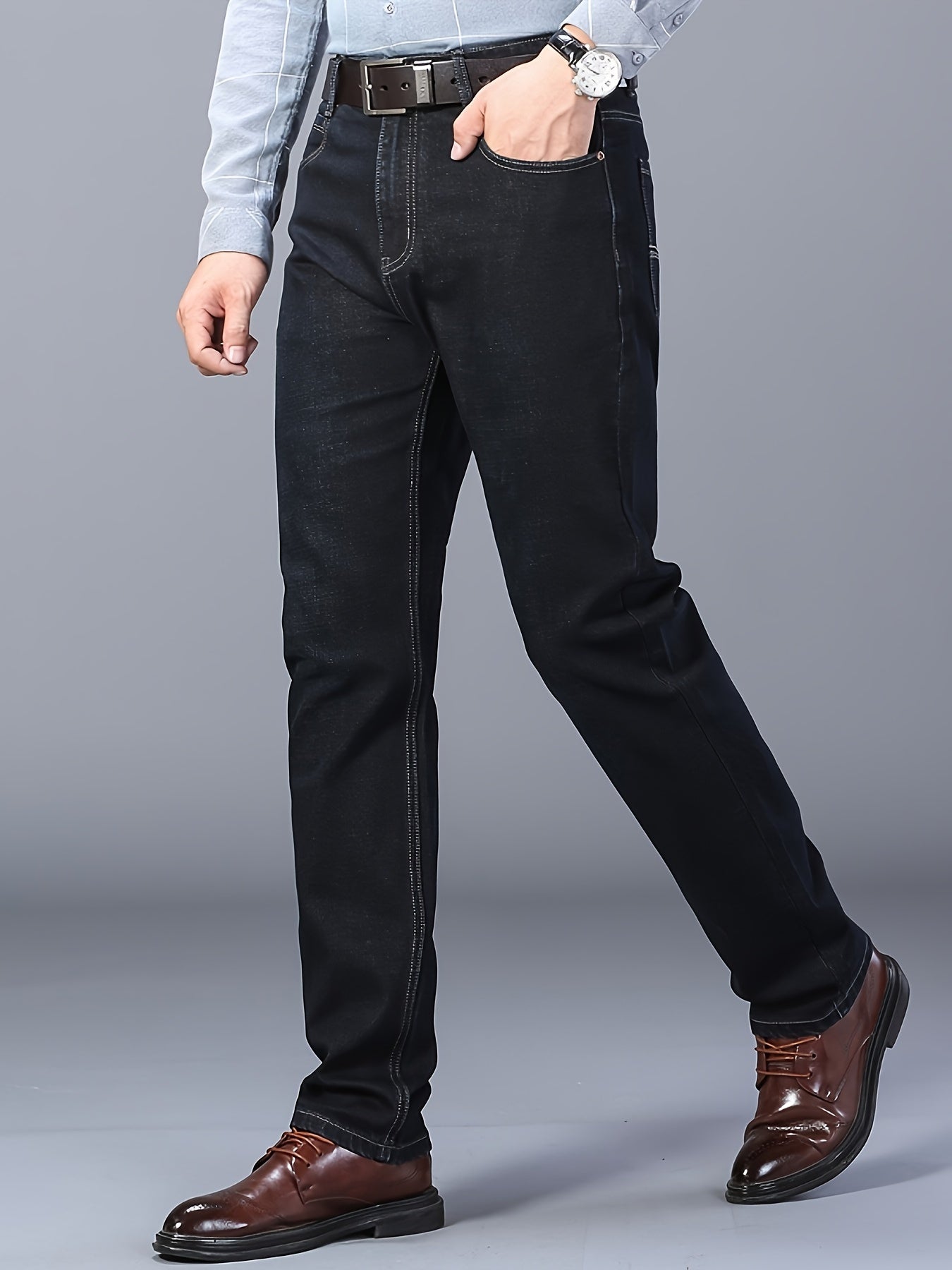 Straight leg denim jeans with classic design, slightly stretchy for versatility in business and leisure wear.