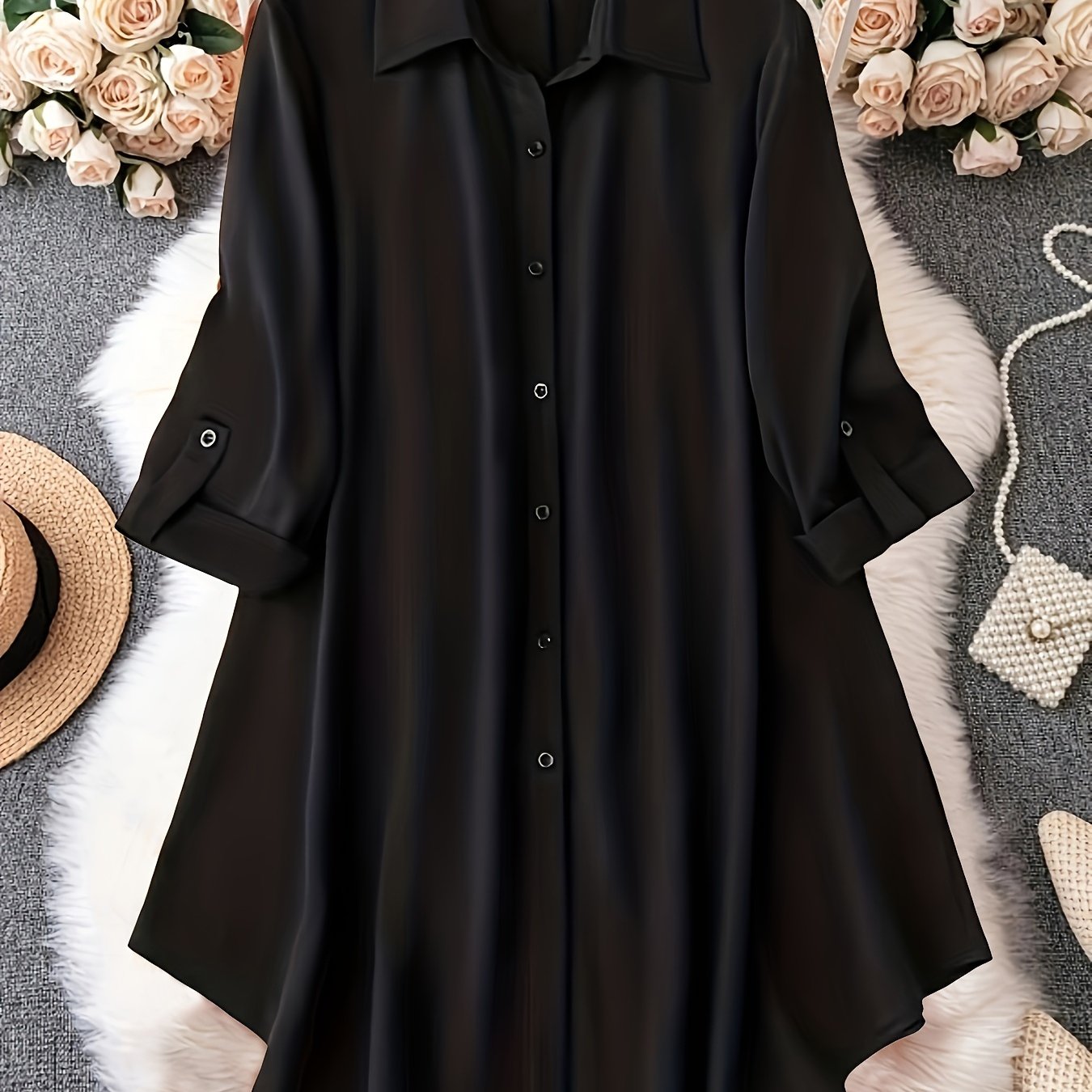 Chic black button-up shirt for plus size women, made of 100% polyester. Machine washable and ideal for spring/fall.