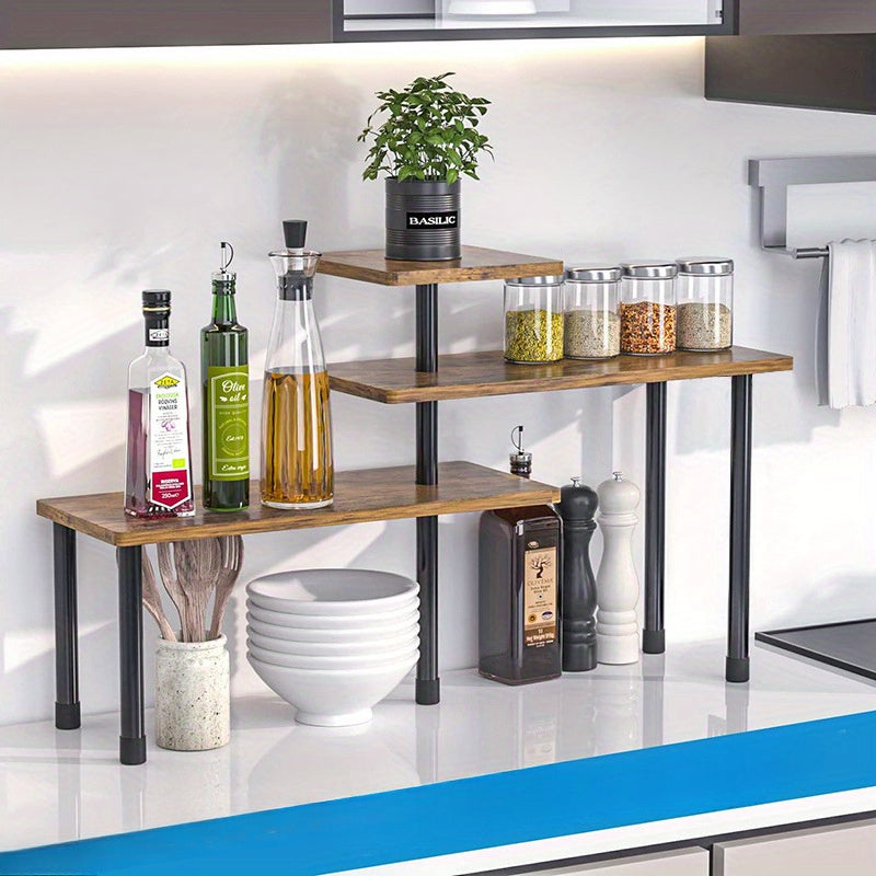 Maximize Space with our 3-Tier Wood Corner Shelf featuring a Black Metal Frame - Versatile Rotatable Storage for Kitchen, Bathroom & Green Plants, Ideal for Spices, Oils, Cookware, Cosmetics & More!