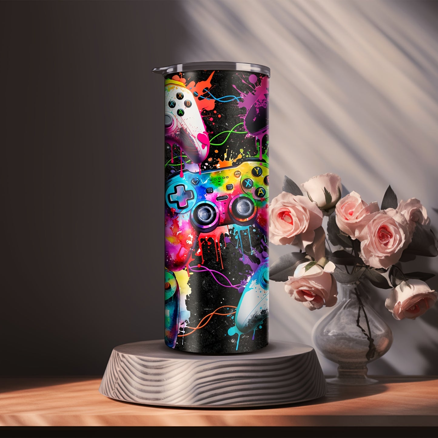 20oz Stainless Steel Insulated Water Bottle featuring a Colorful Game Controller Design - Includes Straw, Ideal Gift for Gamers - Hand Wash Only.