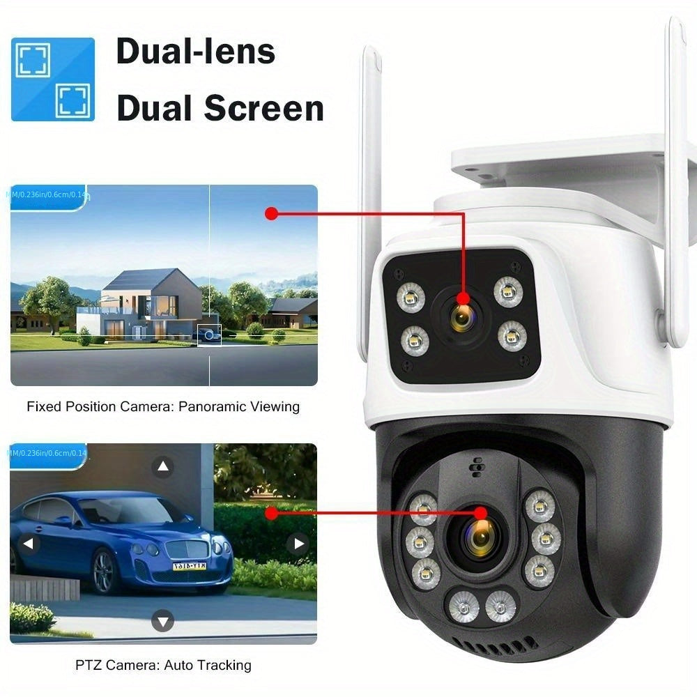 1 x 4K 8MP WiFi Security Camera with 2 x 4MP Lenses, Total 8MP Dual Lens 2.4GHz Wireless IP Camera for Home Security. Features include AI Human Tracking, Color Night Vision, Two-way Audio