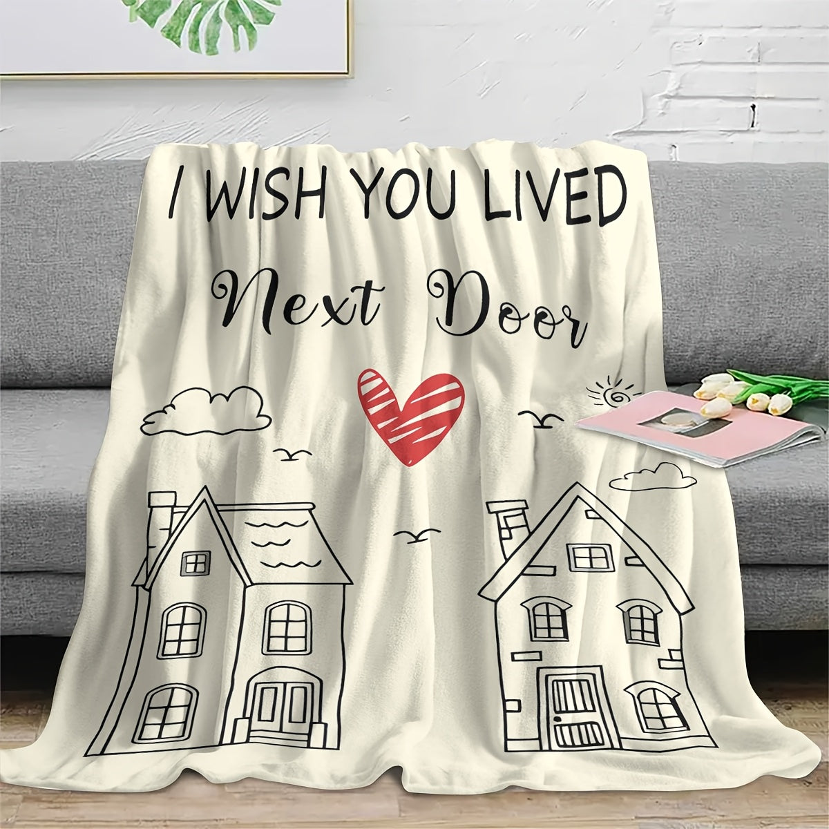 Stay warm and cozy with this flannel throw blanket, the perfect gift for your best friend in a long-distance relationship. Featuring a charming 'I Wish You Lived Next Door' design, this blanket is soft, stain-resistant, and ideal for all seasons.