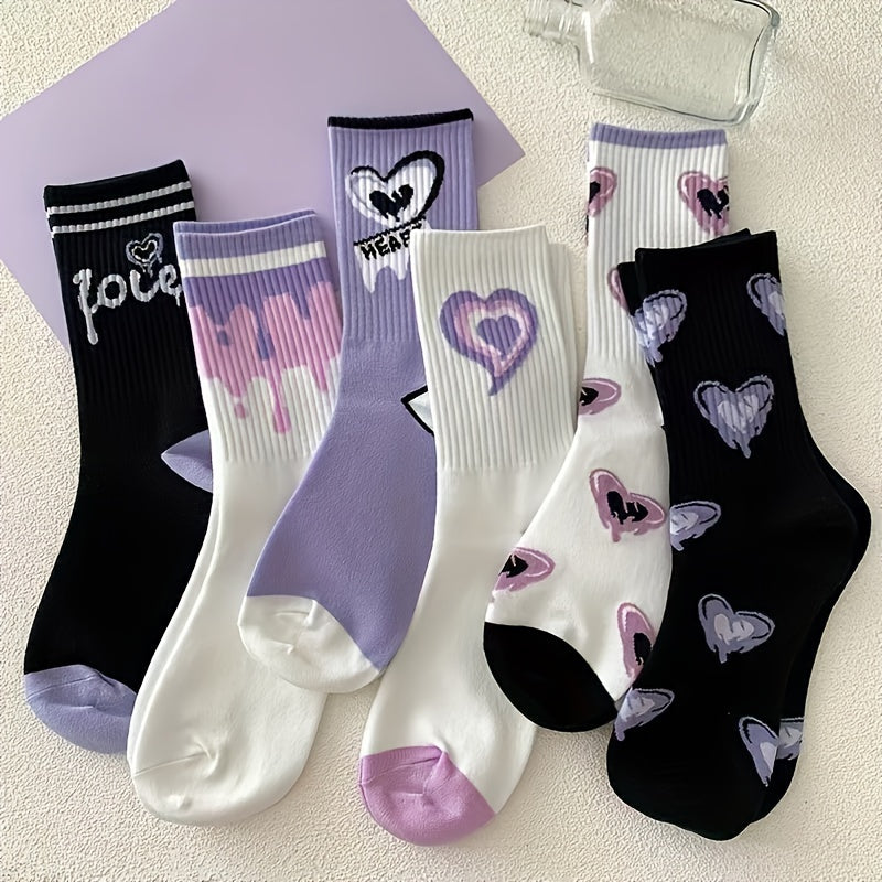 Cute and funny cartoon food print socks for women, 6 pairs in mid-tube style.