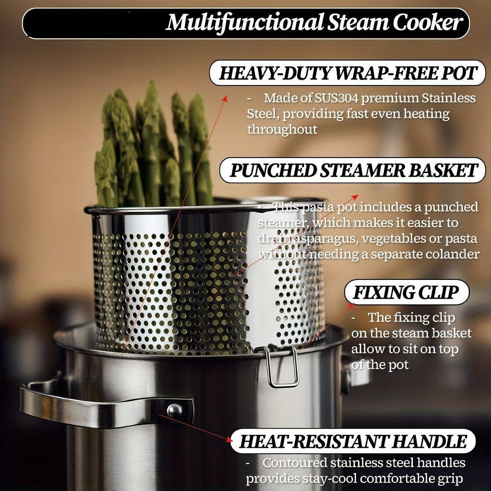 Durable Stainless Steel Steamer Pot & Pasta Cooker with Versatile 4.3L/1.14Gal Capacity and Perforated Basket - Ideal for Home Kitchens, Asparagus, Stovetop Cooking, and More - Features a Strong 3-Ply Base for Even Heat Distribution