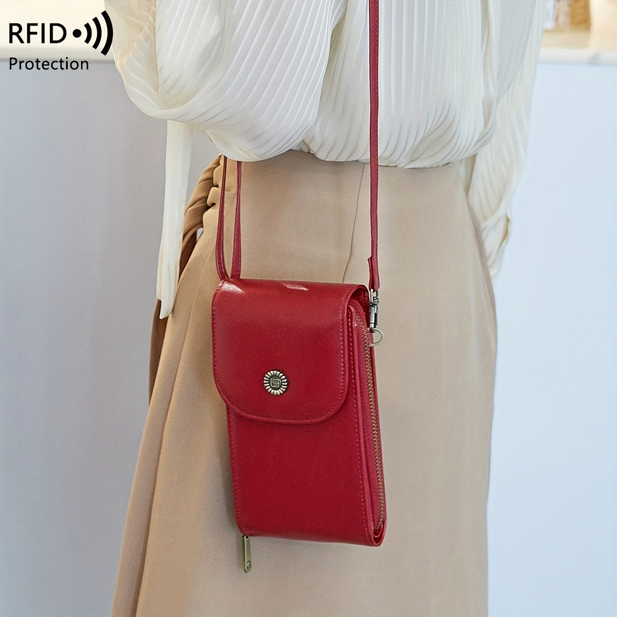 CHARM INFINITE RFID Blocking Crossbody Phone Wallet in Vintage Red with adjustable strap, multi-pocket organizer, waterproof & anti-theft design for everyday use.