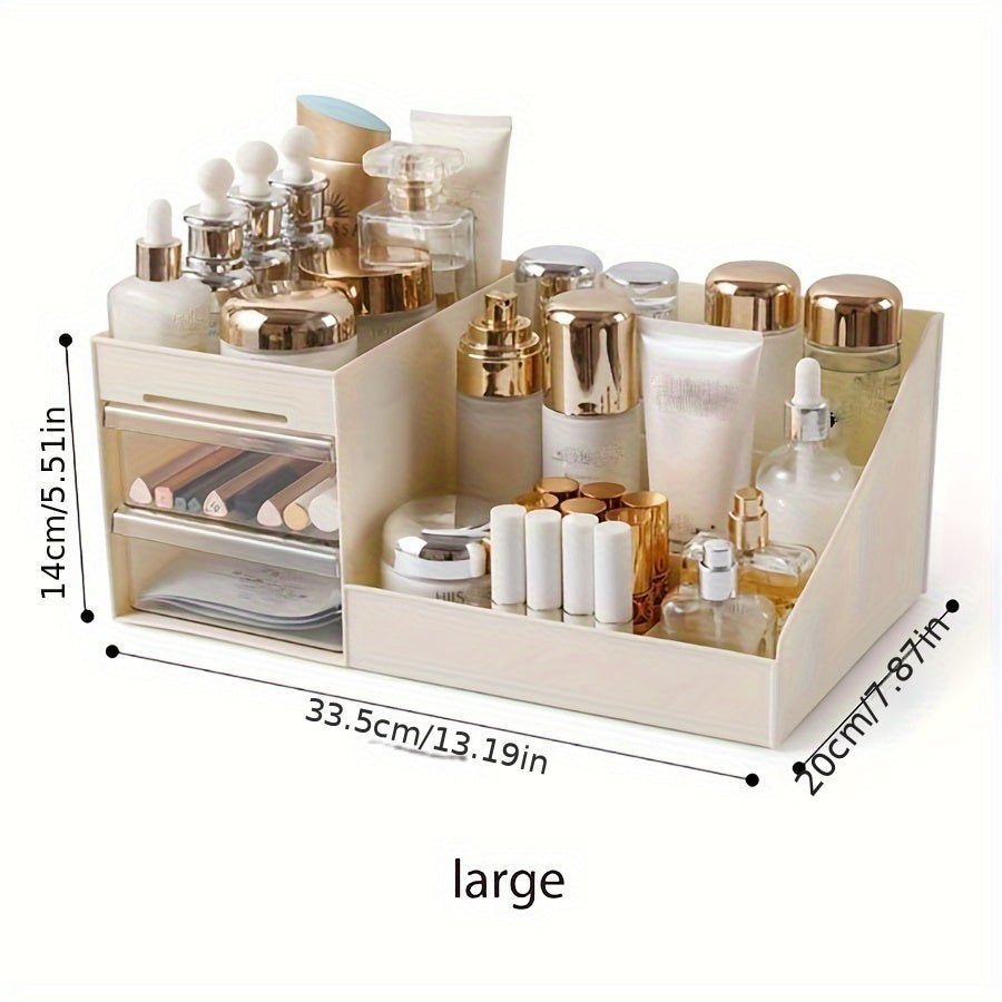 Clear acrylic makeup organizer with drawers for skincare, brushes, and accessories. Ideal for bathroom organization.