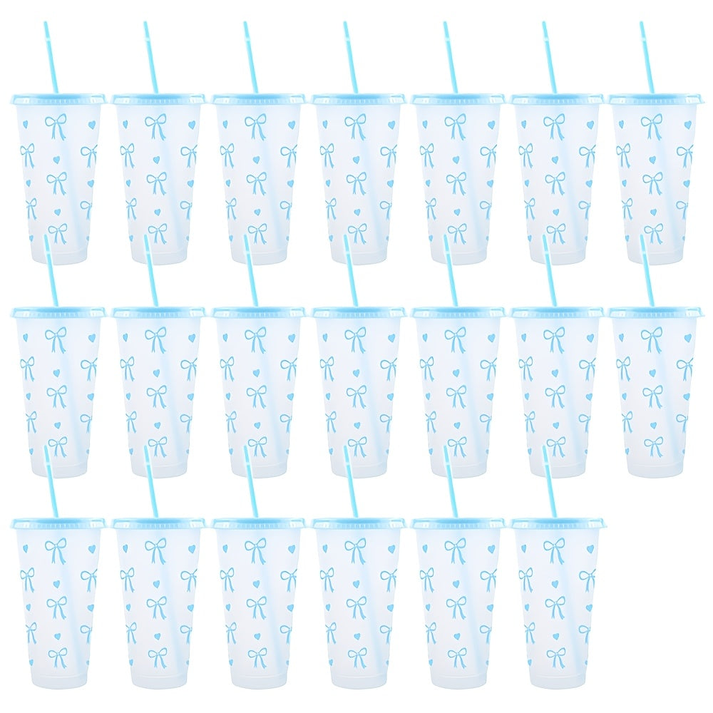 BPA-Free plastic water cups with lids and straws in heart and bow print. Leak-proof and reusable for outdoor events. Great for gifts on special occasions.