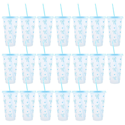 BPA-Free plastic water cups with lids and straws in heart and bow print. Leak-proof and reusable for outdoor events. Great for gifts on special occasions.