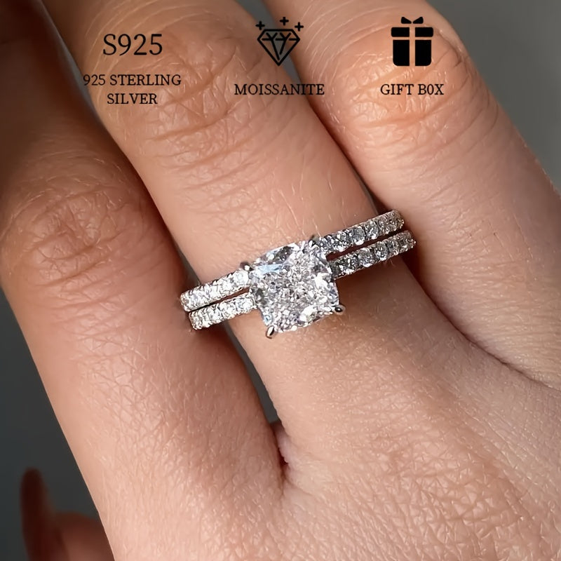 Two-piece set of hypoallergenic 925 sterling silver rings featuring a 1ct square moissanite stone, perfect for stacking. Ideal for proposal, engagement, or wedding band, this eternity ring makes a thoughtful gift for women. Comes with a gift box for easy