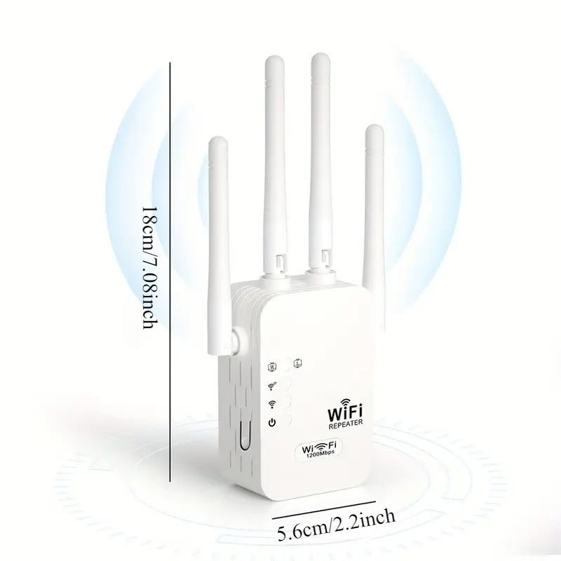 High-speed WiFi extender boosts signal over large area, supports 150 devices, dual-band for stability in home or office.