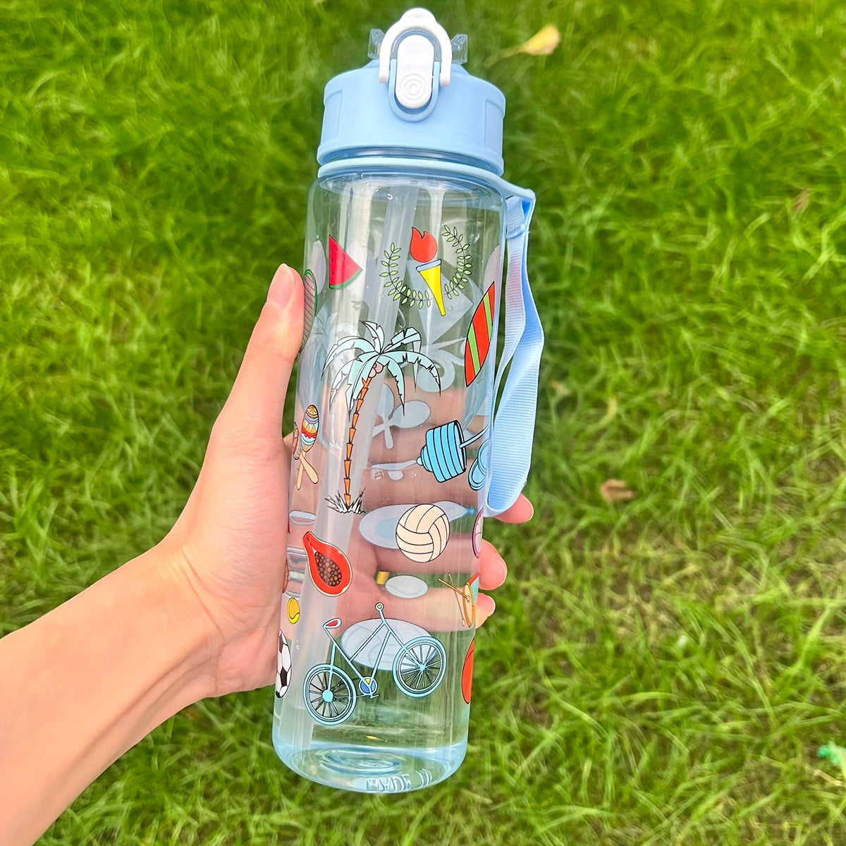 1 Cute Cartoon Print Water Bottle with Leak-Proof Flip Top, Hand Wash Only. Ideal for Outdoor Activities.