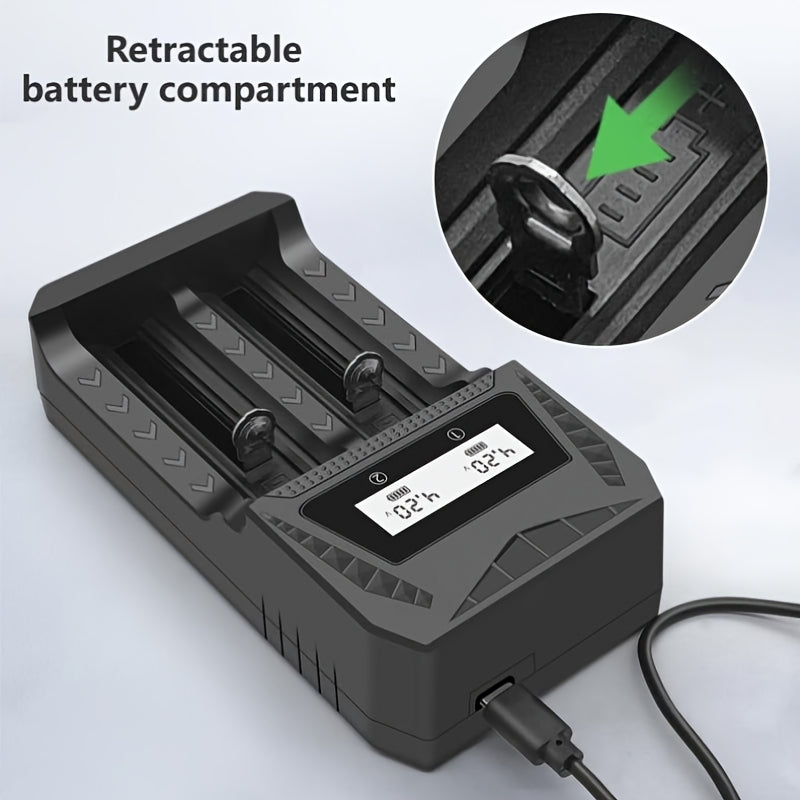 Universal USB Lithium Battery Charger compatible with various rechargeable batteries, with full voltage display.