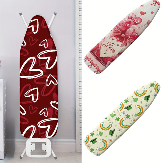 Transform your ironing board with the 1pc RSHUBINO Festive Ironing Board Cover. Made of polyester with an elastic edge and magic tape, this cover is dustproof and protective. Featuring charming heart and shamrock designs, it adds a festive touch to your